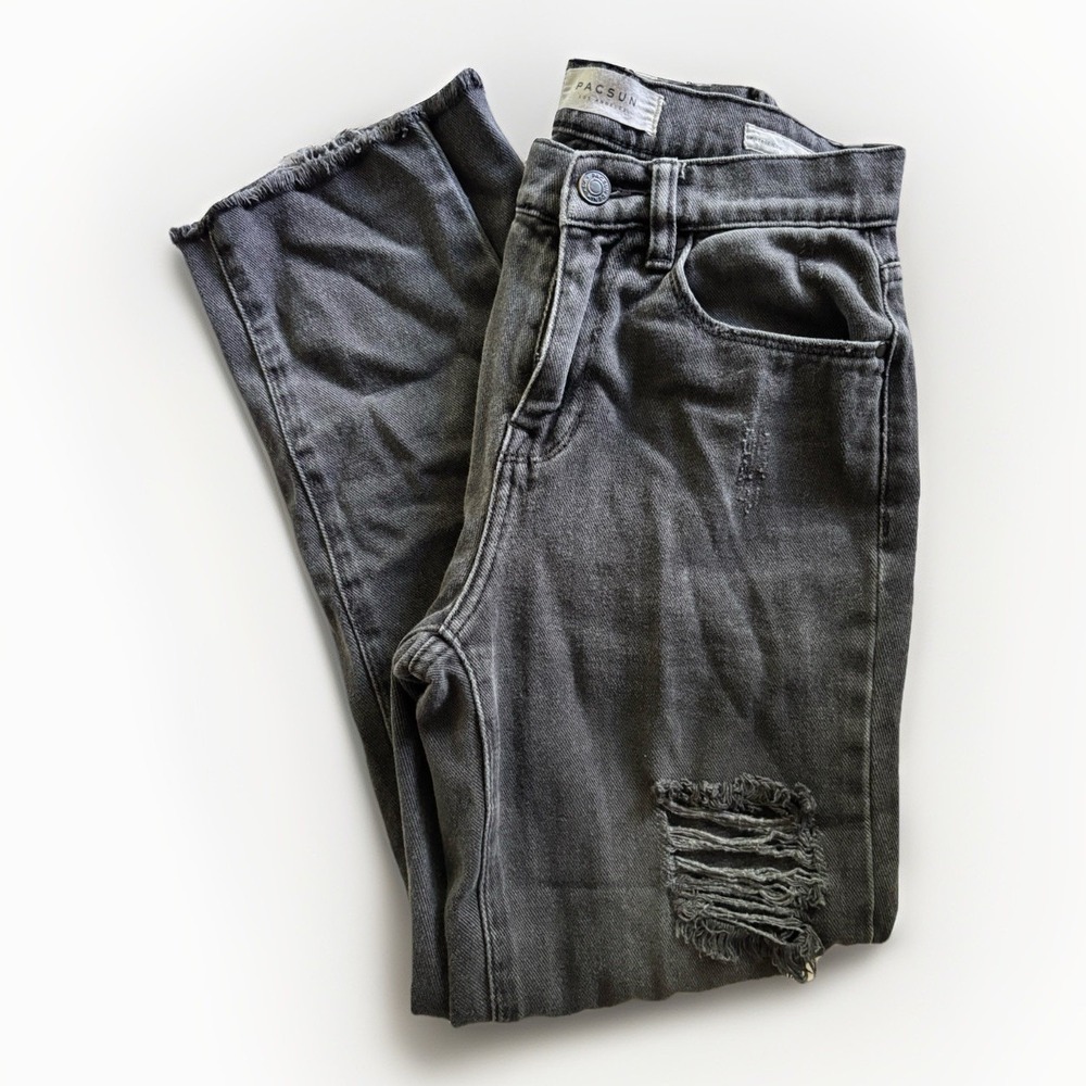 PacSun Vintage Icon Jeans Womens 24‎ Black Distressed Ripped High Rise Raw Hem